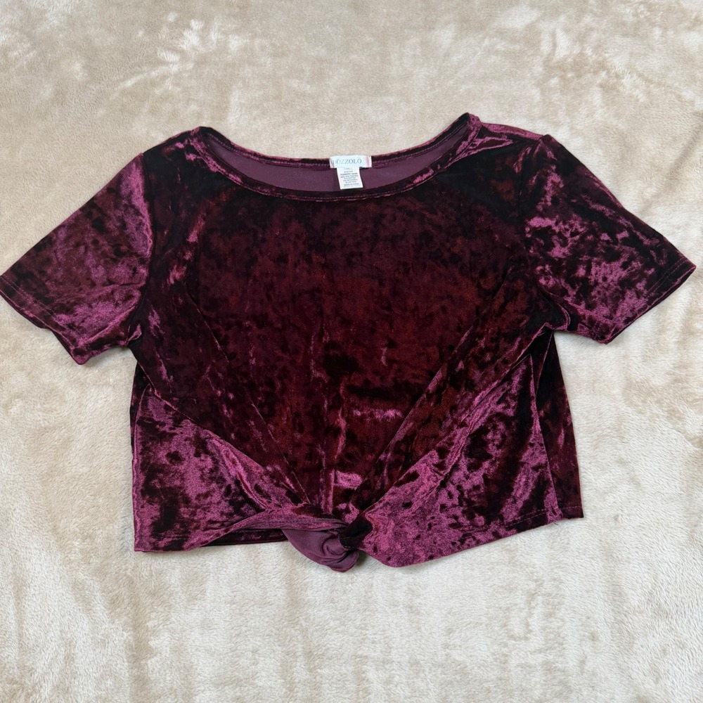 Bozzolo Womens Burgundy Crushed Velvet Cropped Twist Front Top Short sleeve S